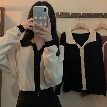 M-4XL 大尺碼針織衫 秋季新款設計感小眾撞色Polo領長袖針織開衫遮肉顯瘦外套