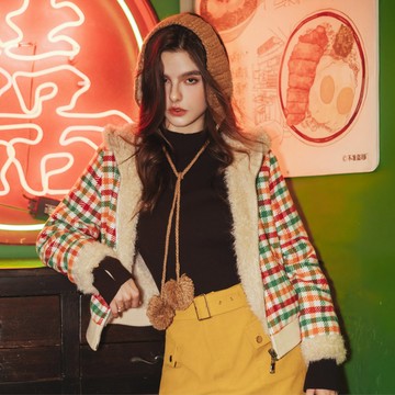 SO NICE 可麗露Miu系2way雙面穿撞色格紋羊毛連帽外套