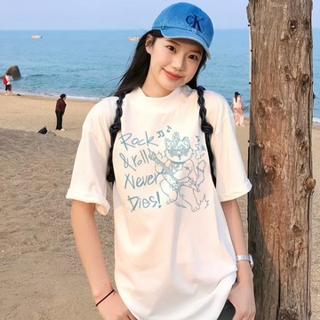 【 𝑭𝒍𝒐𝒘𝒆𝒓𝒔𝒆𝒂】ins風 設計感貓咪印花 100%純棉 小個子 可愛衣服 白色短袖T恤 韓版上衣 多巴胺衣服