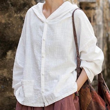 【米蘭精品】現貨+預購 新中式罩衫棉麻襯衫手工亞麻上衣夏季女裝大尺碼-長袖連帽遮陽女上衣3色74lw70