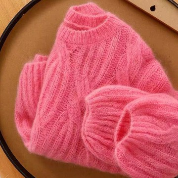 纖婕芙圓領寬松休閑粉色針織衫2022秋冬新款溫柔風百搭麻花毛衣潮