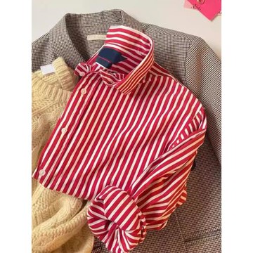 (免運)超好看別致漂亮紅色條紋襯衫女士春季新款今年流行爆款設計感上衣