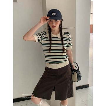 BAi白媽媽 條紋翻領針織上衣／韓系POLO領短袖毛衣T恤－台灣現貨 隔日到貨【360346】