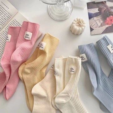 🎀免運臺灣有貨🎀純色襪手工布標襪子,春夏運動新款ins薄款襪男女百搭潮襪設計潮流