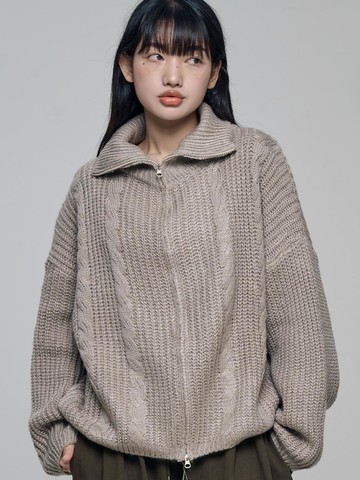 TELS High-Neck Knit Zip-Up Melange Sweater [Beige]