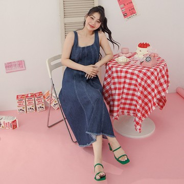 【PolyLulu】 天絲牛仔方領車線傘襬洋裝