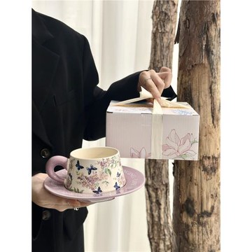 復古陶瓷杯碟紫薇花油畫般咖啡杯碟套裝下午茶拿鐵馬克杯伴手禮盒