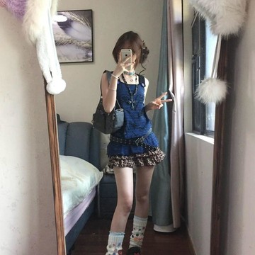 【甜酷Y2K顯遮肉】藏青條紋拼接無袖塗鴉背心 夏季亞感設計感 無袖上衣 無袖背心 背心上衣 背心 顯瘦上衣 夏季新款