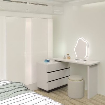 文創集 科蕭2.7尺可伸縮LED鏡面鏡台/化妝台組合(含皮革化妝椅)-81x42x122-cm免組