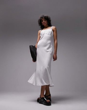 Topshop ruched pinny midi dress in ivory-White