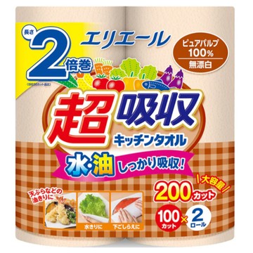 elleair 艾黎艾爾 無漂白廚房紙巾 100%原生紙漿 超強吸水 廚房清潔好幫手  2捲  1袋