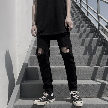 ✨台灣新品🎈闇黑乞丐膝蓋破洞牛仔褲男女高街潮牌修身小腳九分褲潮牌百搭痞帥