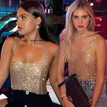 性感閃鉆短款露臍抹胸上衣 大方領露背夜店水鉆閃亮吊帶衫 多色選