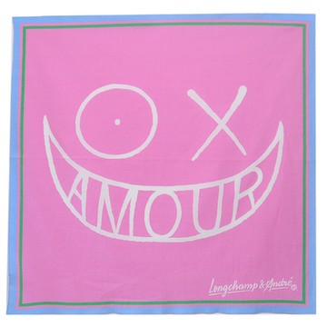 LONGCHAMP & ANDRÉ SARAIVA 限量款義大利製塗鴉LOGO大正方巾(粉洪色/水藍邊)