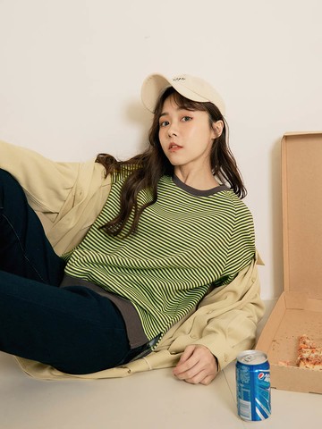 率性條紋配色高含棉內刷毛長袖上衣