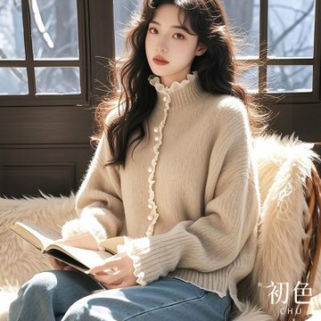 初色 韓系蕾絲木耳邊珍珠排釦長袖針織毛衣女上衣-燕麥色-16947(F可選)