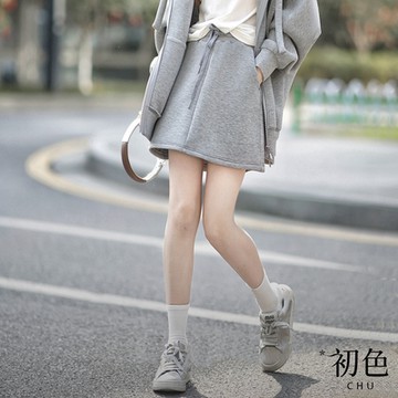 初色 素色繫帶收腰顯瘦雙口袋半身短裙-灰色-32959(M-XL可選)