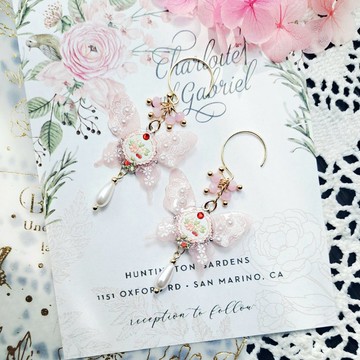 薄紗相框蝴蝶清新版耳環粉色  14K  甜美浪漫風  耳鈎耳夾