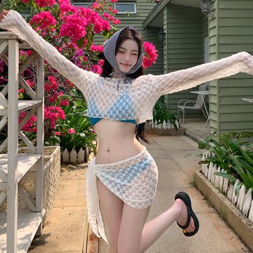 泳衣女夏四件套分體長袖ins辣妹心機性感微透打底蕾絲防曬比基尼