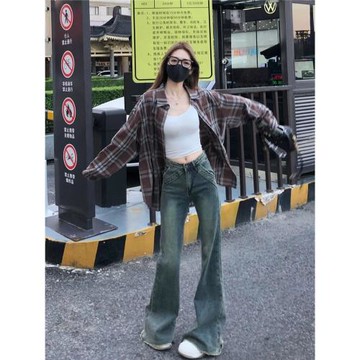 高個子復古低腰微喇叭牛仔褲女春秋新款拼接毛邊馬蹄顯瘦拖地褲子