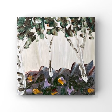 樺樹藝術樺樹原創油畫盛開的野花草地果園