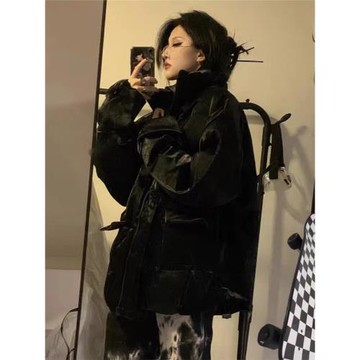 冬季加厚復古oversize小眾設計高級感波紋軟pu皮棉衣棉服上衣女潮