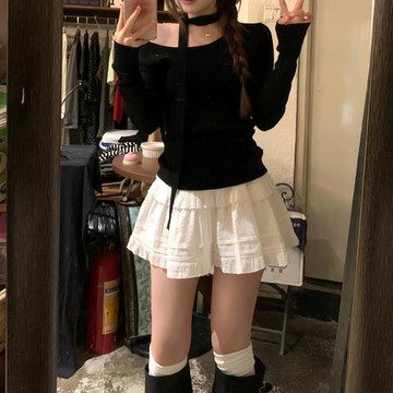 圍脖飄帶黑色修身打底針織衫女2025秋冬季露肩內搭設計感斜肩上衣