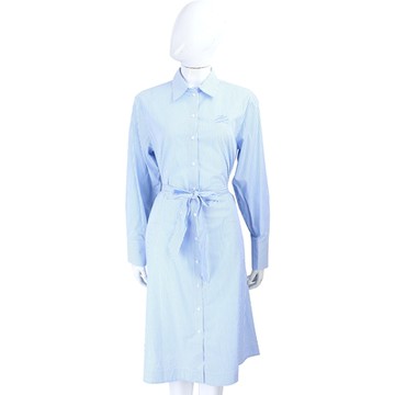 KARL LAGERFELD KL草寫刺繡純棉藍白條紋綁帶襯衫式洋裝