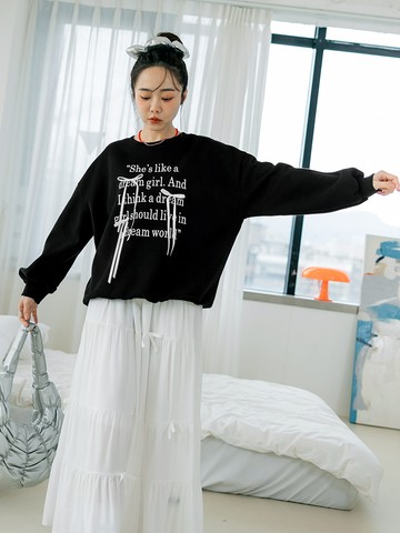 芭蕾風蝴蝶結綁帶字母印花長袖上衣