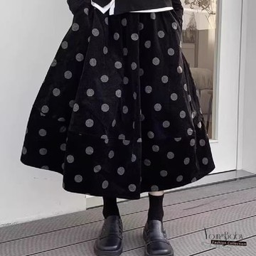 【YOUNGBABY中大碼】復古風點點拼接燈芯絨高腰A字花苞裙 中大尺碼女裝