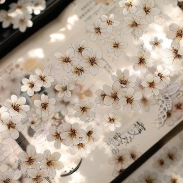 壹洱文創第 16 期切模【花信微白】輕復古打底小白花卉和紙膠帶貼紙
