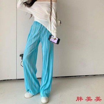【M-5XL大尺碼】大尺碼闊腿褲 防曬褲 休閒褲女美式高街vibe垂感冰酪琉璃褶皺長褲夏季新款百搭直筒褲子