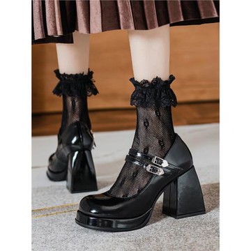 一字扣單鞋女黑色粗跟高跟鞋法式瑪麗珍鞋厚底春夏新款婚紗伴娘鞋