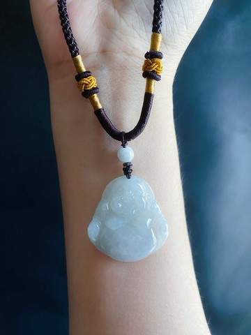 天然緬甸玉 翡翠 冰淺綠底翡翠佛公 彌勒佛 項鍊 禮物 長輩佛像