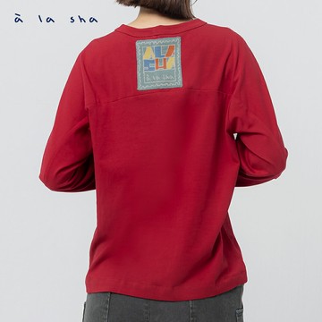 a la sha LOGO郵票織片剪接棉T