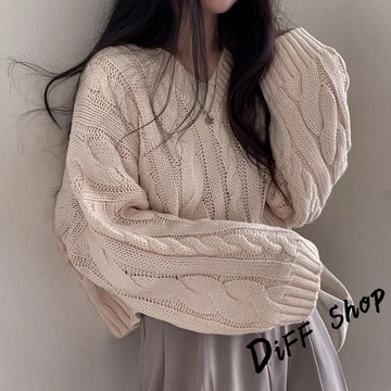 韓版復古麻花V領寬鬆針織上衣【W558】