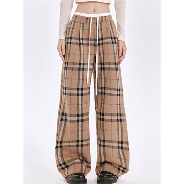LINFANGING毛呢格紋直筒闊腿褲秋冬季新款寬松拖地高腰休閑褲女
