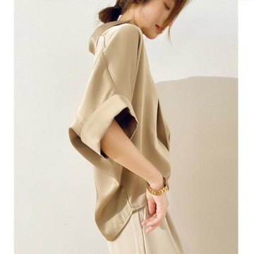 寬松純色短袖襯衫夏季高級感氣質時尚休閑百搭小眾polo領雪紡襯衣