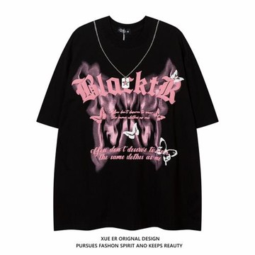 XUE ER 爆炸星球 美式高街星星項鏈短袖T恤男女夏ins潮牌痞帥字母