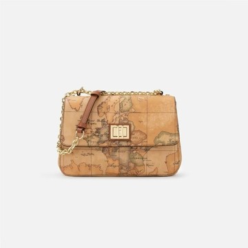 【Alviero Martini 義大利地圖包】金釦鍊帶翻蓋側揹包 26cm-地圖黃