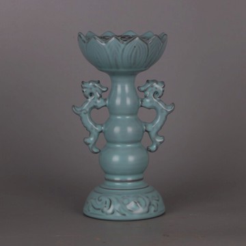 宋 汝窯藍釉雙狄龍蓮花燭臺 仿宋代舊貨支釘宮廷御制瓷器古玩收藏