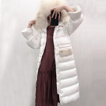 羽絨夾克連帽外套-貉子毛領長版過膝緞面女外套73wc13【獨家進口】【米蘭精品】