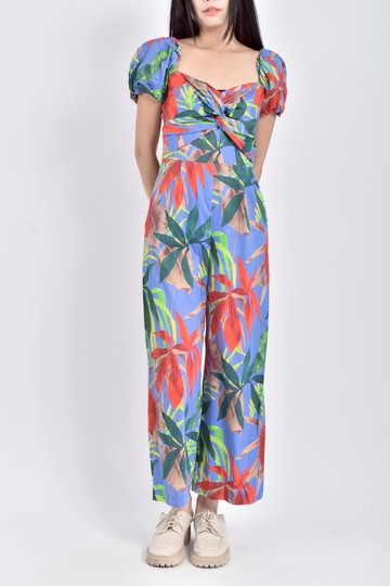 (S) zara高腰短袖花紋藍色連身裝