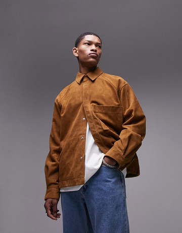 Topman Premium real suede shacket in tan-Brown