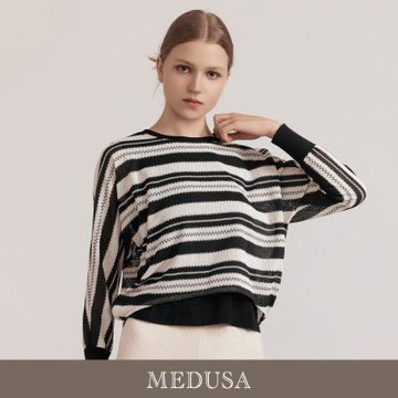 現貨【MEDUSA 曼度莎】鏤空假兩件條紋針織感落肩上衣（M-XL）｜女休閒上衣 條紋上衣 針織上衣