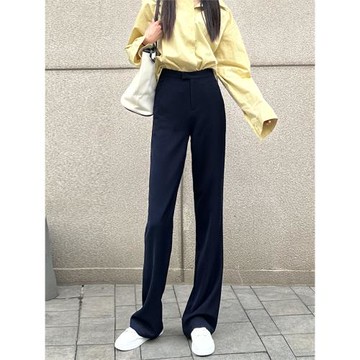 2025春夏高腰窄版休閑褲拖地顯瘦百搭直筒褲長女藏藍西裝褲闊腿褲