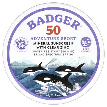 Badger, Adventure Sport，礦物質抗曬霜，含白鋅，SPF 50，無香型，2.4 盎司（68 克）