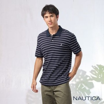 Nautica 官方旗艦 男裝 經典橫條紋抗菌短袖POLO衫-深藍色