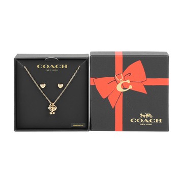 COACH 水鑽/愛心/櫻桃墜飾項鍊及愛心水鑽針式耳環禮盒組(金色)