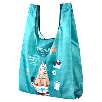 kUSUgURU JAPAN 日本眼鏡貓 Neko Zegawa-san系列 防撥水環保購物袋 附掛鈎收納袋  藍綠色  24 x 18 x 43cm